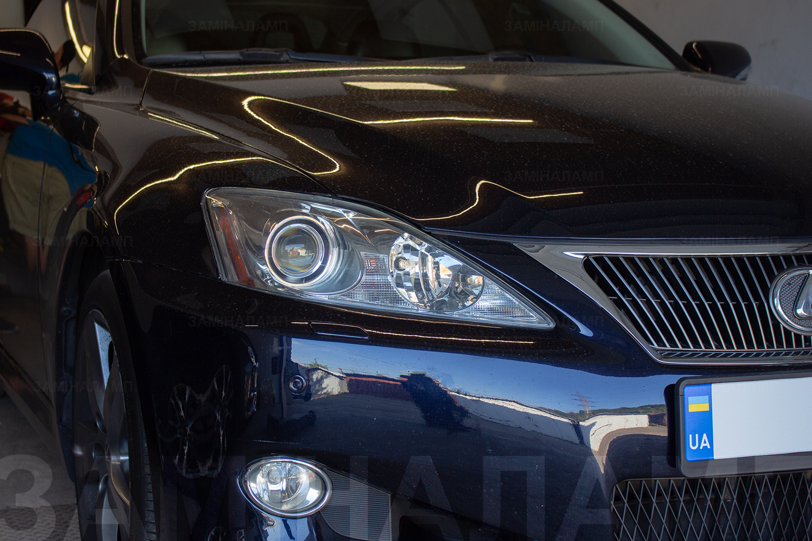 Зовнішній вигляд правої фари Lexus IS ДО початку робіт із заміни штатних лінз на Bi-Led T-Rex Pro