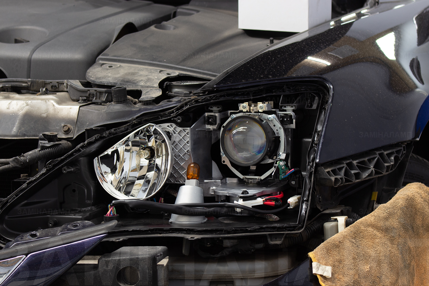 Закріпили світлодіодну лінзу Bi-Led T-Rex Pro у лівій фарі Lexus IS